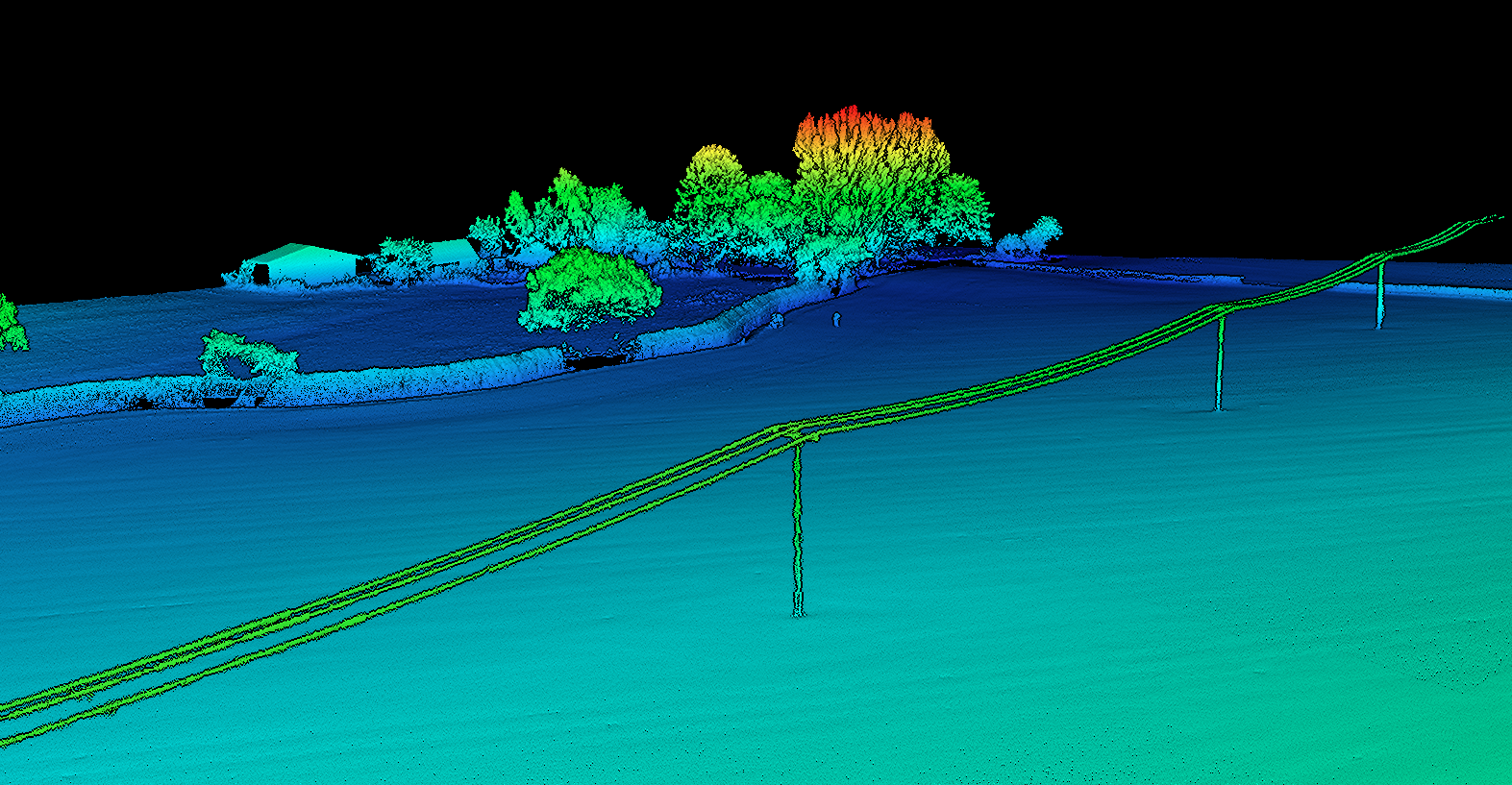 A digital elevation model depicting a landscape with a fence, trees, and a building, all represented in vibrant colors against a black background. Power lines run across the foreground.