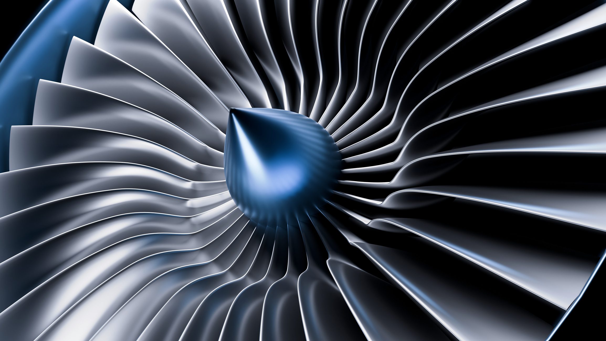 A close-up view of a turbine engine fan blade with metallic blue and silver tones, showcasing the intricate, curved shapes of the blades and the smooth, rounded center.