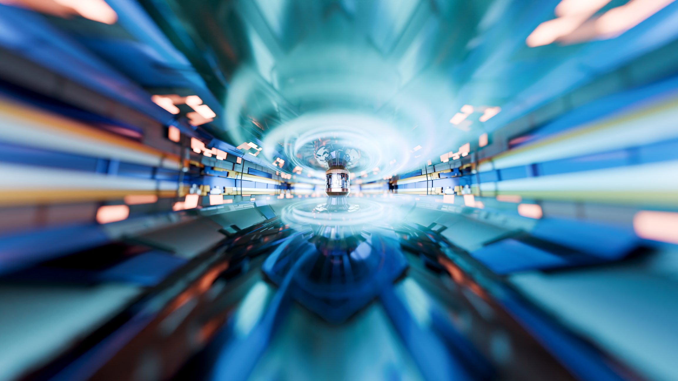 An abstract image depicting a tunnel-like formation with bluish and orange streaks, creating a sense of motion and depth. The central area is illuminated, suggesting a light source.