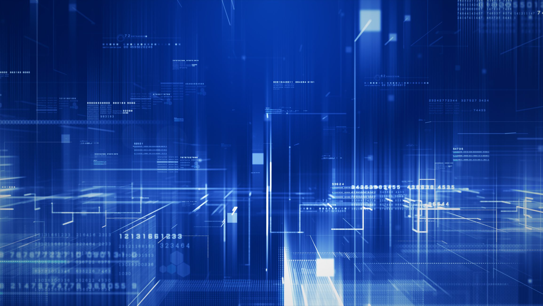 A digital abstract background featuring blue tones with lines and data blocks creating a sense of depth and technology, suitable for tech-related content.