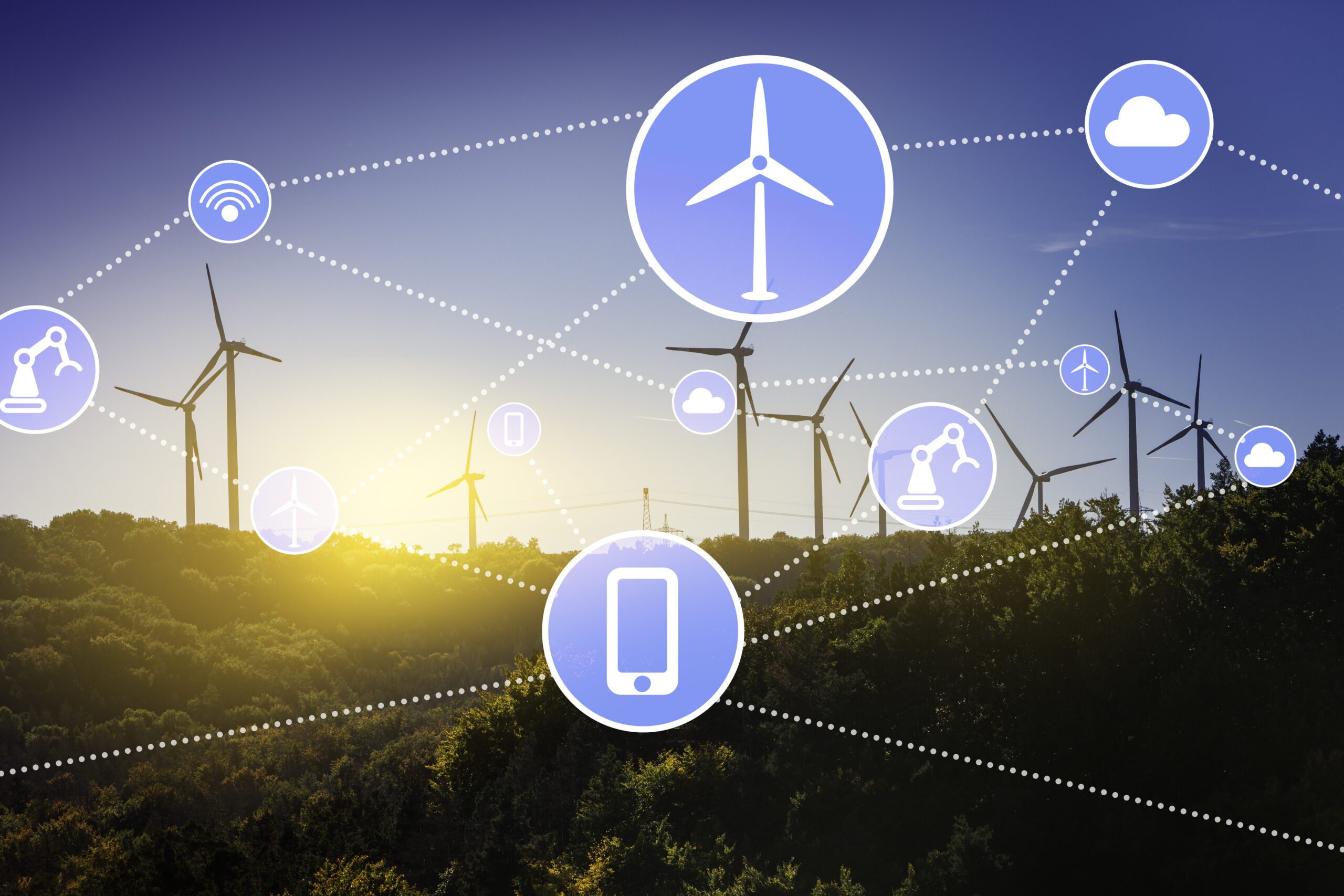 A landscape featuring multiple wind turbines with icons representing technology, such as a smartphone and cloud, overlaying the image, suggesting a connection between renewable energy and digital innovation.