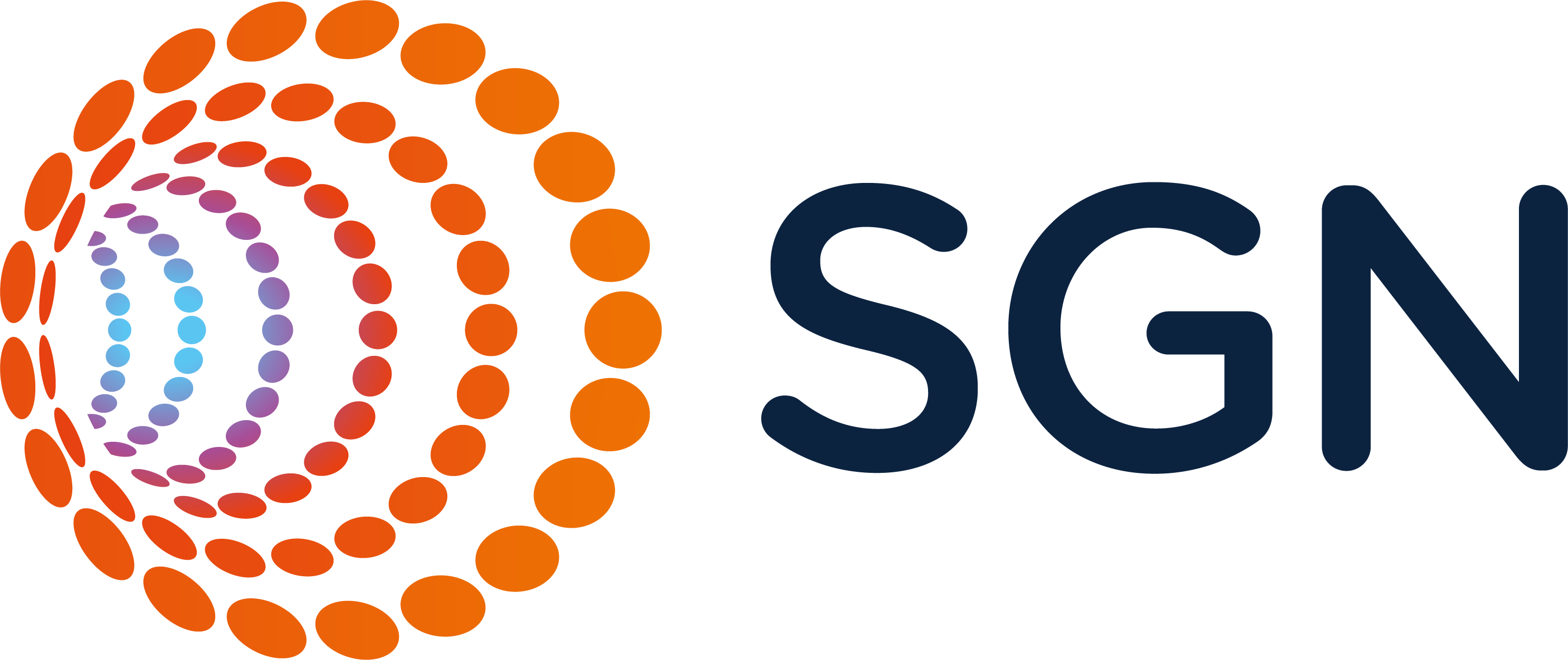 A logo featuring a series of concentric circles in orange, pink, and purple, creating a wave-like effect, alongside the letters 'SGN' in navy blue.