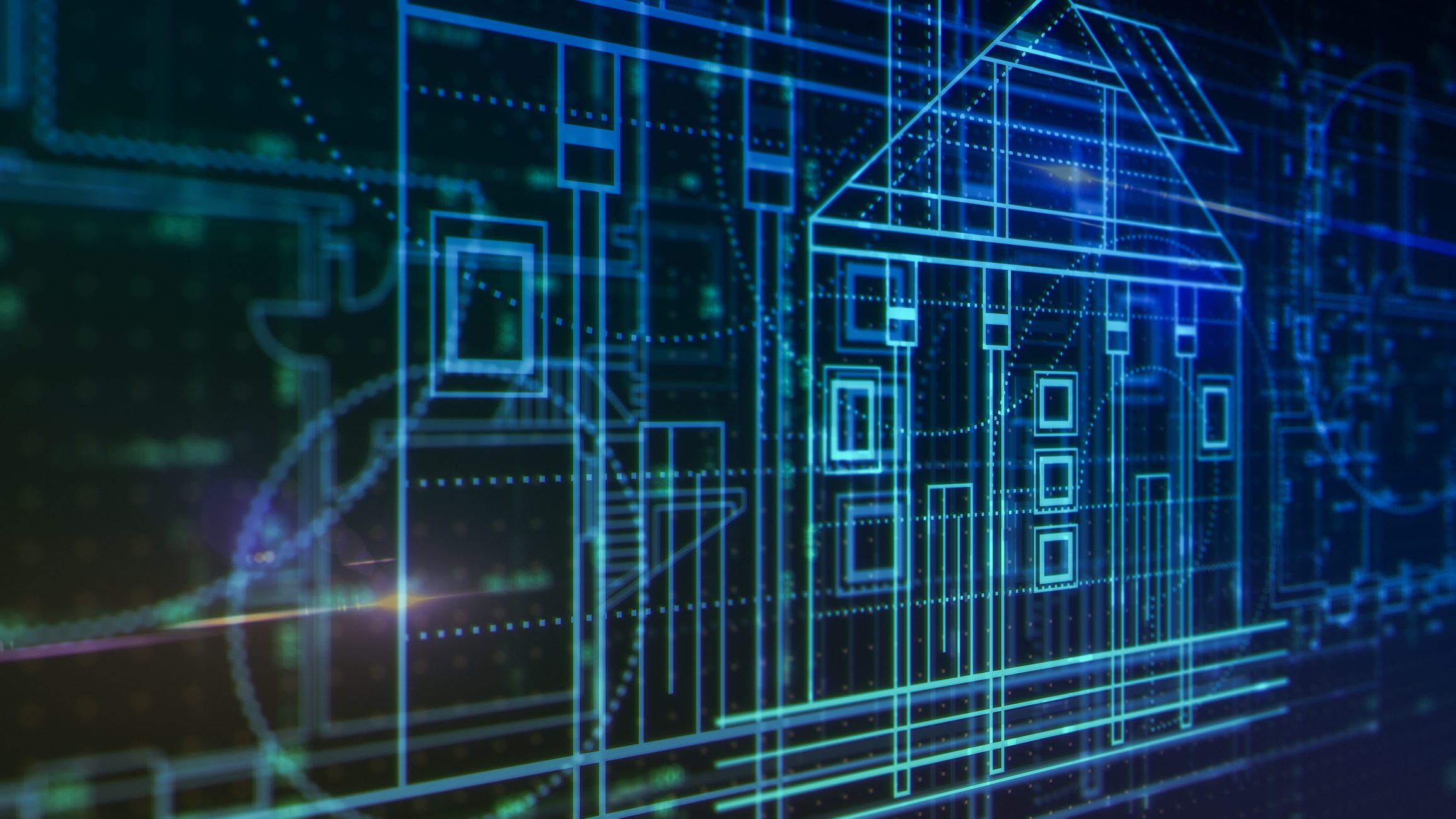 A digital blueprint of a house, featuring geometric shapes and lines in blue and green light, with a technological background. The design emphasizes architectural details and modern aesthetics.